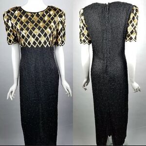 Vintage Laurence Kazar Size Medium Black & Gold Silk Sequin Full Length Dress